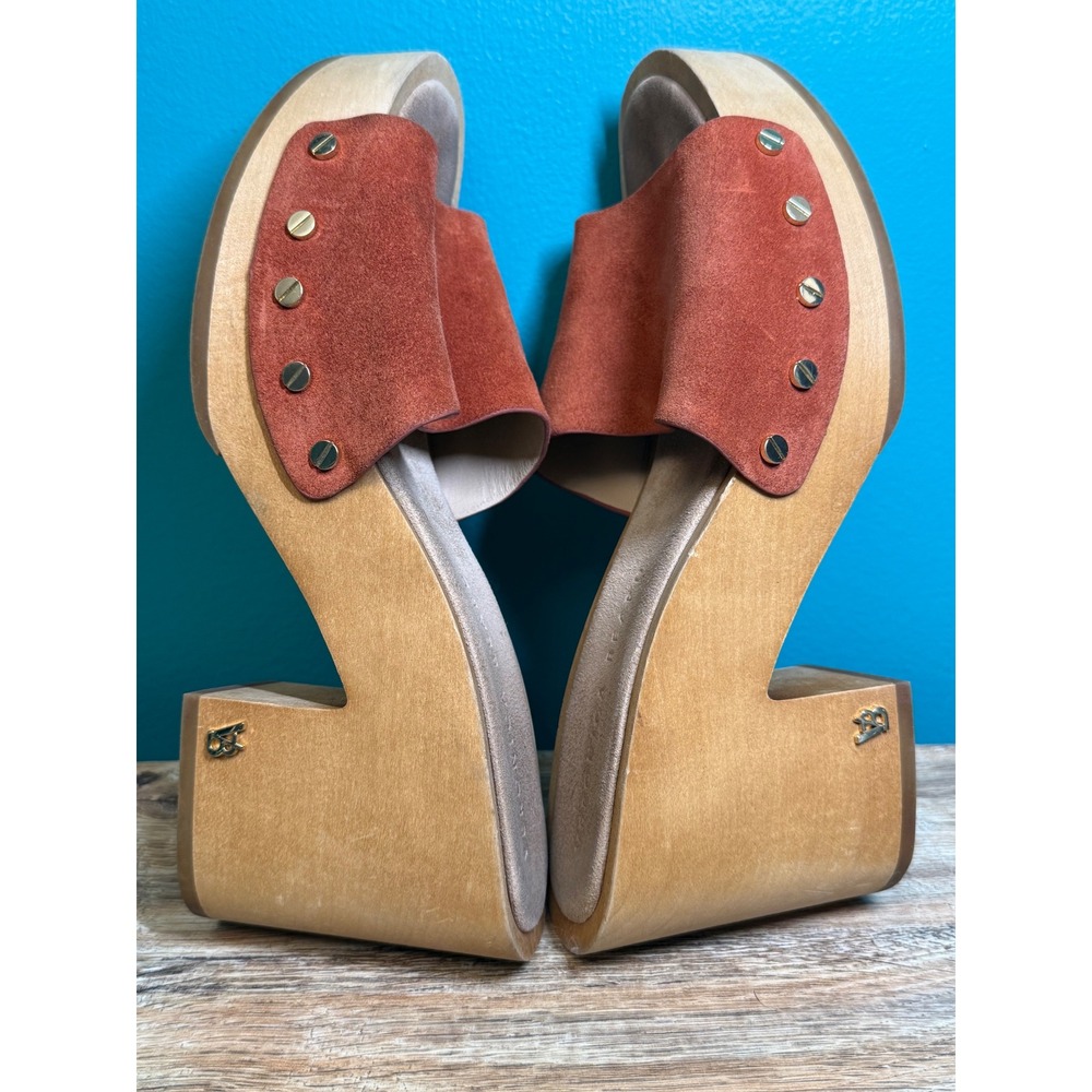 Veronica Beard Hannalee Studded Wooden Platform Slide Sandals Rust Brown 8M READ